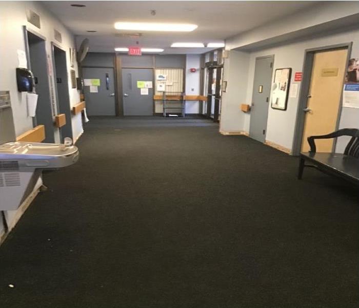 wet carpet in hallway of building