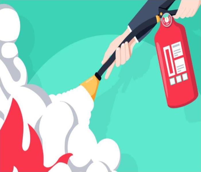 cartoon image of hand putting out fire with fire extinguisher